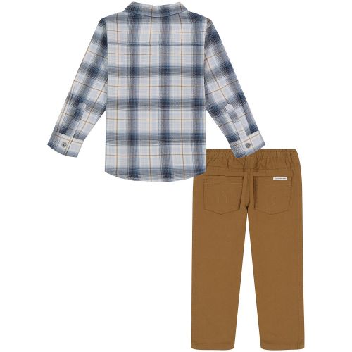  Toddler Boys Plaid Long Sleeve Button Front Shirt and Prewashed Twill Pants 2 Piece Set
