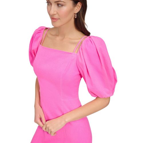 DKNY Womens Puff-Sleeve Linen-Blend Dress