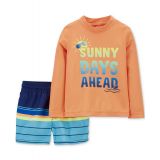 Toddler Boys Sunny Days Rash Guard Top and Striped Swim Shorts 2 Piece Set