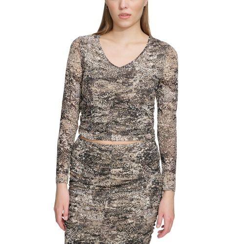 DKNY Womens Printed Ruched Long-Sleeve Top