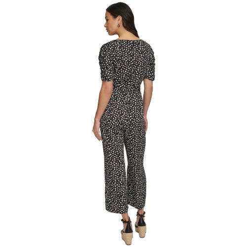 DKNY Womens Printed Ruched-Sleeve Cropped Jumpsuit