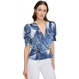 Womens Printed V-Neck Puff-Sleeve Top