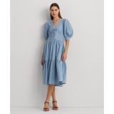 Womens Cotton Puff-Sleeve Chambray Dress