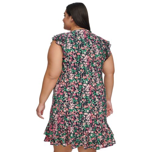 타미힐피거 Plus Size Floral-Print Flutter-Sleeve Dress