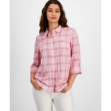 Womens Plaid Parker Roll-Tab-Sleeve Button-Down Top