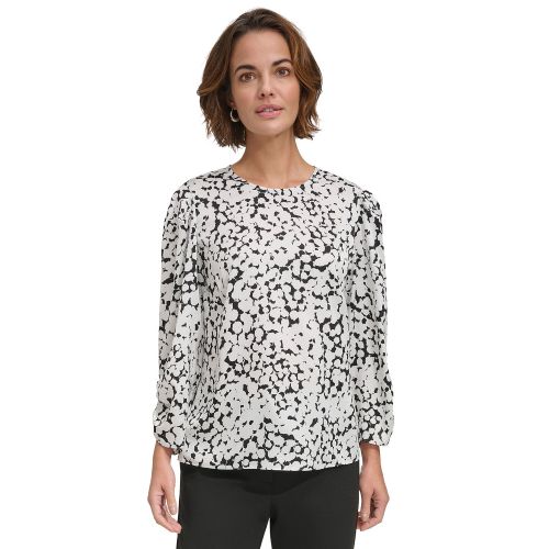 DKNY Womens Printed Ruched-Sleeve Crewneck Blouse