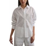 Womens Eyelet Long-Sleeve Button-Front Blouse