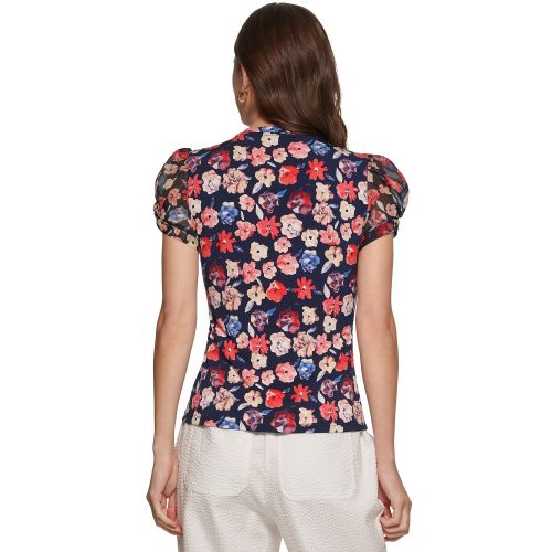 DKNY Petite Floral-Print Puff-Sleeve Blouse