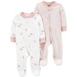Baby Girls and Baby Boys Cotton Two Way Zip Footed Coveralls Pack of 2