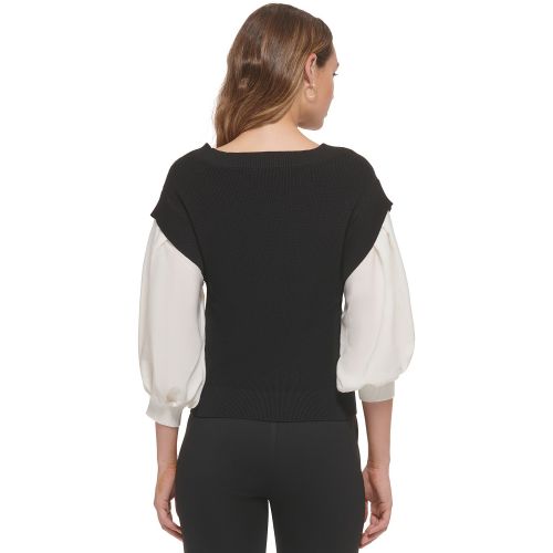 DKNY Womens Mixed-Media Blouson 3/4-Sleeve Sweater