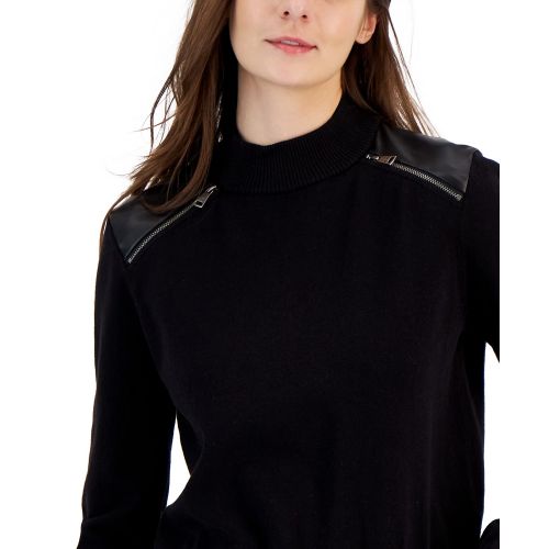 DKNY Womens Faux Leather Trim Zipper Sweater