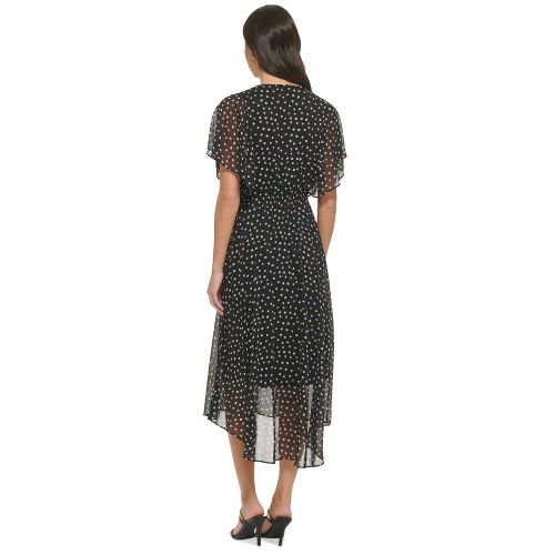 DKNY Womens Printed Flutter-Sleeve Fit & Flare Dress