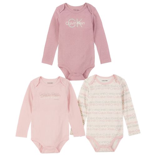  Baby Girls Logo Print and Single-Dye Long Sleeve Bodysuits Pack of 3