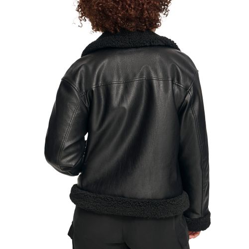 리바이스 Womens Faux-Fur-Trimmed Faux-Leather Moto Jacket