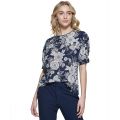 Womens Floral Cuffed Puff-Sleeve Blouse