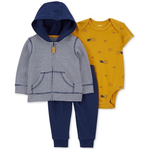카터스 Baby Boys Cotton Striped Little Jacket Elephant-Print Bodysuit and Pants 3 Piece Set