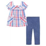 Little Girls Short Sleeve Plaid A-Line Tunic Top and Capri Jeggings 2 Piece Set
