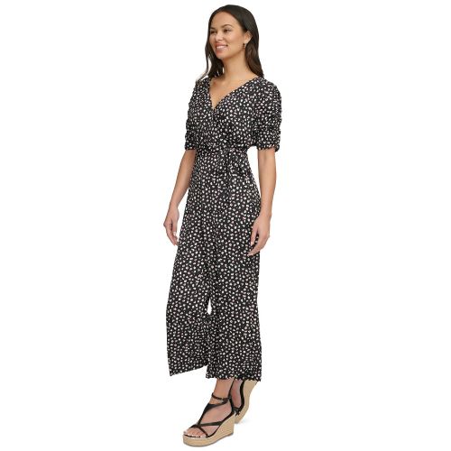 DKNY Womens Printed Ruched-Sleeve Cropped Jumpsuit