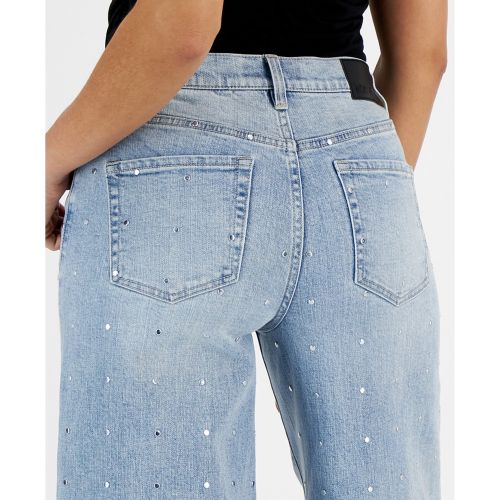 DKNY Womens High Rise Studded Wide Leg Jeans