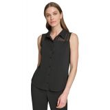 Womens Mixed-Media Button-Front Sleeveless Top