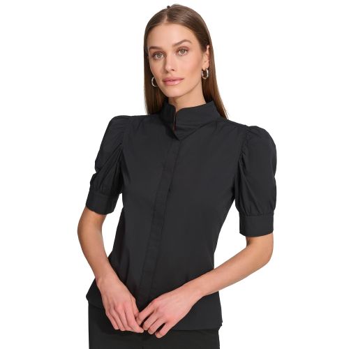 DKNY Womens Solid Mandarin-Collar Puff-Sleeve Top