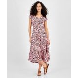 Womens Floral Print Short-Sleeve Tiered Midi Dress
