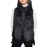 Womens Hooded Faux-Fur Puffer-Contrast Zip-Front Vest