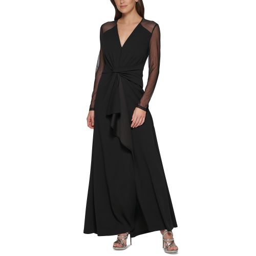 DKNY Womens V-Neck Sheer-Long-Sleeve Scuba-Crepe Gown