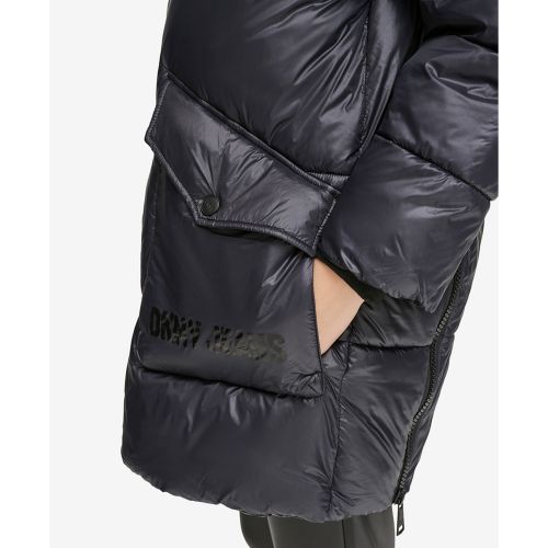 DKNY Womens Wet Shine Hooded Puffer Jacket