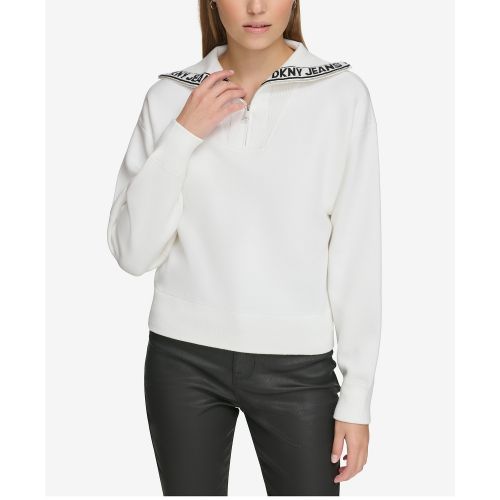 DKNY Womens Half-Zip Funnel-Neck Logo-Detail Sweater