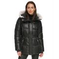 Womens Faux-Leather Faux-Shearling Hooded Anorak Puffer Coat