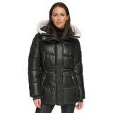 Womens Faux-Leather Faux-Shearling Hooded Anorak Puffer Coat
