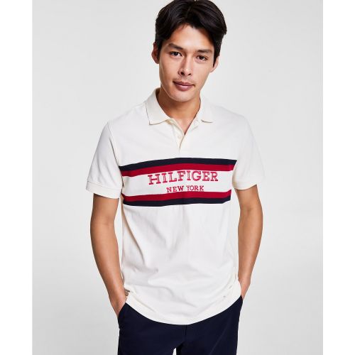 타미힐피거 Mens Regular-Fit Colorblocked Stripe Monotype Logo Embroidered Polo Shirt