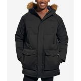 Mens Long Quilted Parka with Removable Faux-Fur Trim