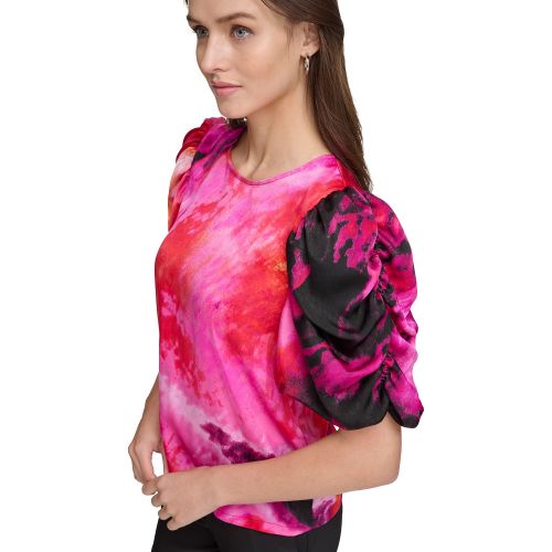 DKNY Womens Printed Puff-Sleeve Top