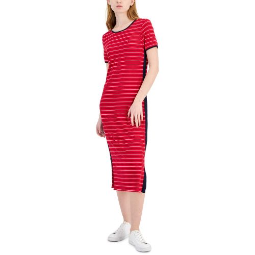 타미힐피거 Womens Striped Ribbed Midi Dress
