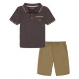 Little Boys Tipped Pique Short Sleeve Polo Shirt and Twill Shorts 2 Piece Set