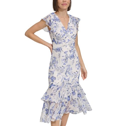 타미힐피거 Womens Floral-Print Flutter-Sleeve Midi Dress