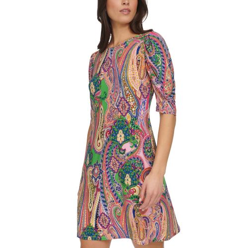 타미힐피거 Womens Paisley-Print Ruched-Sleeve Dress