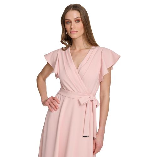 DKNY Womens Flutter-Sleeve Tie-Waist Faux-Wrap Dress