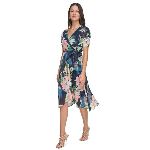 DKNY Womens Floral Tie-Waist Ruched-Sleeve Dress