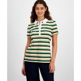 Womens Striped Short-Sleeve Collared Top