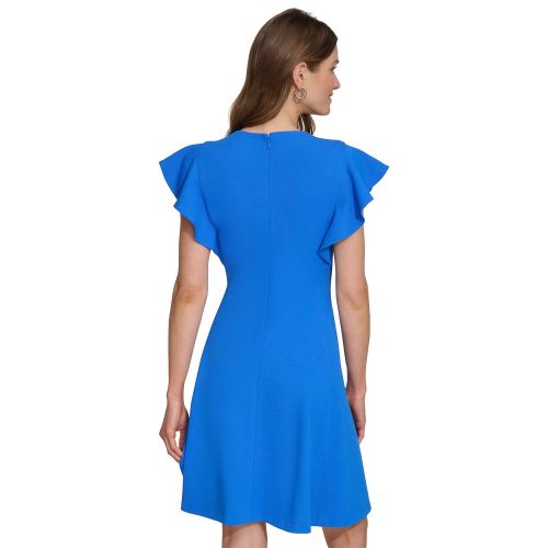 DKNY Womens Flutter-Sleeve Seamed Fit & Flare Dress