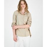 Womens Roll-Tab-Sleeve Button-Front Top
