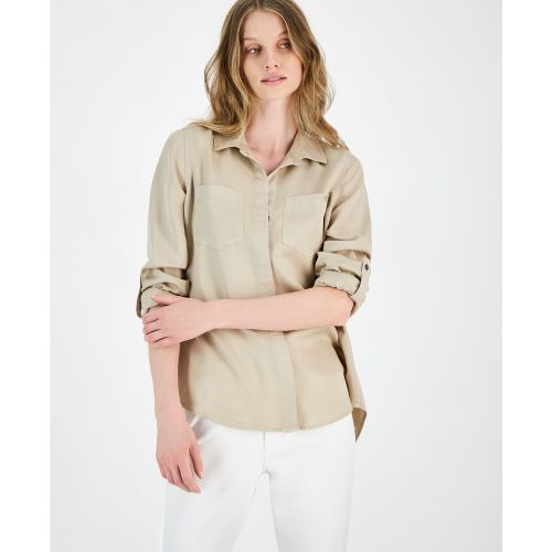 DKNY Womens Roll-Tab-Sleeve Button-Front Top