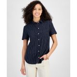 Womens Striped Linen-Blend Short-Sleeve Button-Front Shirt