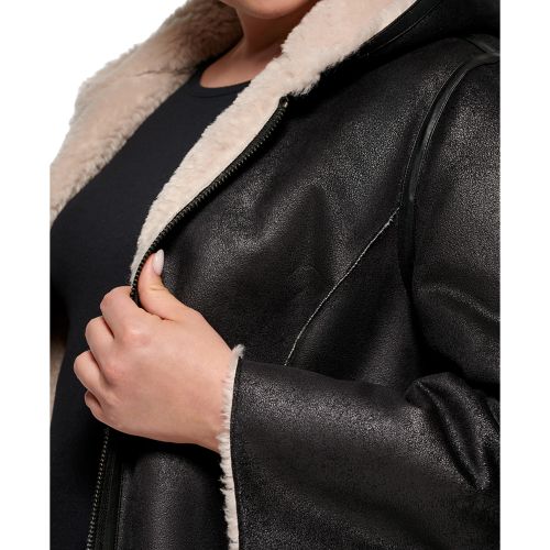 DKNY Womens Plus Size Hooded Faux-Shearling Coat