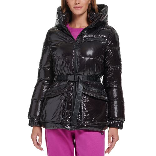 DKNY Womens Shine-Finish Belted Puffer Jacket