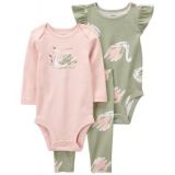 Baby Girls Swan Bodysuits and Pants 3 Piece Set