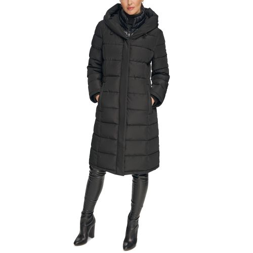DKNY Womens Petite Bibbed Hooded Puffer Coat